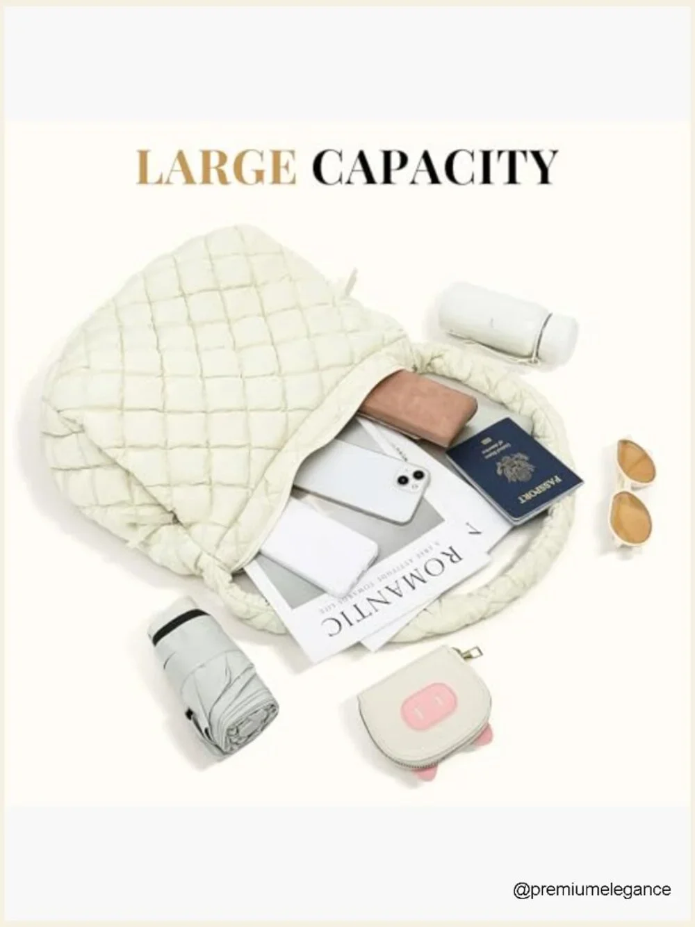 Large Quilted Puffer Tote Bag with Zipper, Lightweight Shoulder Bag for Work - Picture 4 of 7